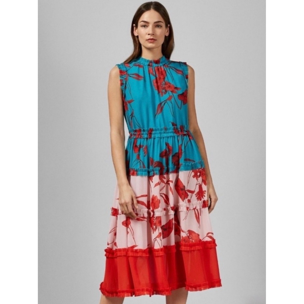 Ted Baker London Camelis FantasiaTiered Midi Dress Teal Pink Red Size 3 US 8